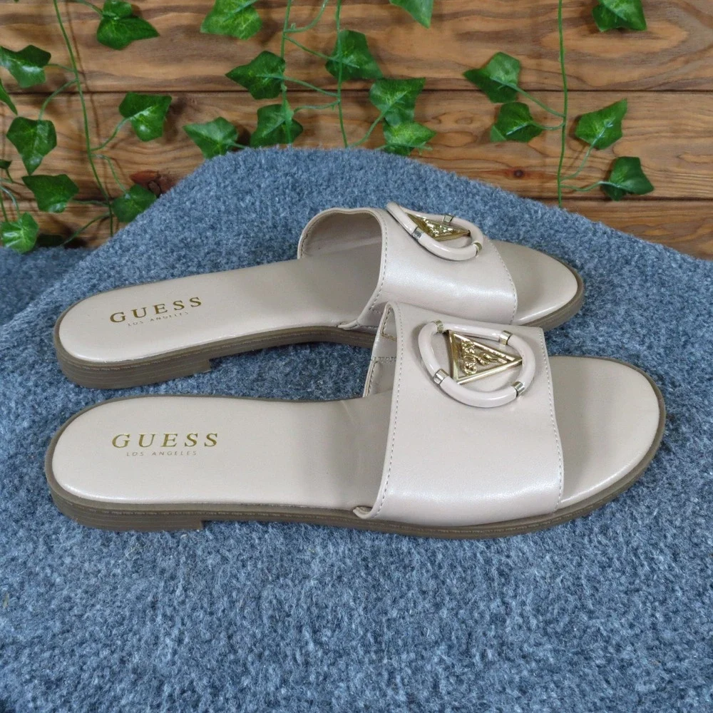 Guess‎ Magnify Women Slide Sandals Size 8 Casual Summer Beige Synthetic Flat